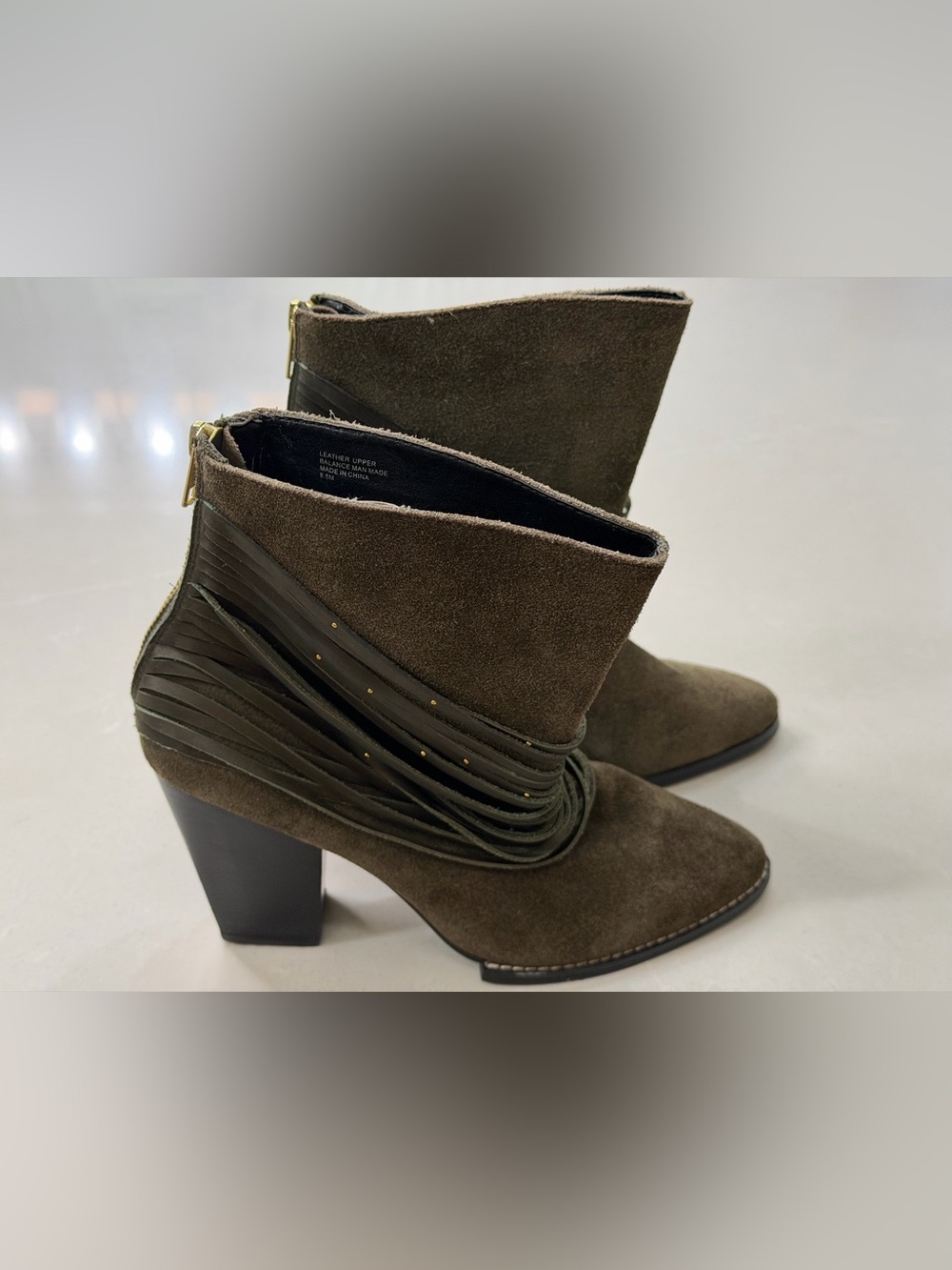 Kelsi Dagger Brooklyn Zena Olive Green Suede Studded Strappy Ankle Booties, 8.5